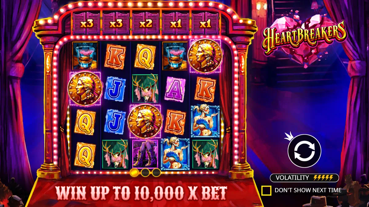 Heartbreakers by Pragmatic Play – main game interface showing the 5x4 reel grid with cabaret-themed symbols, the special multiplier row above each reel, and the Buy Respins and Special Bets panel on the left side