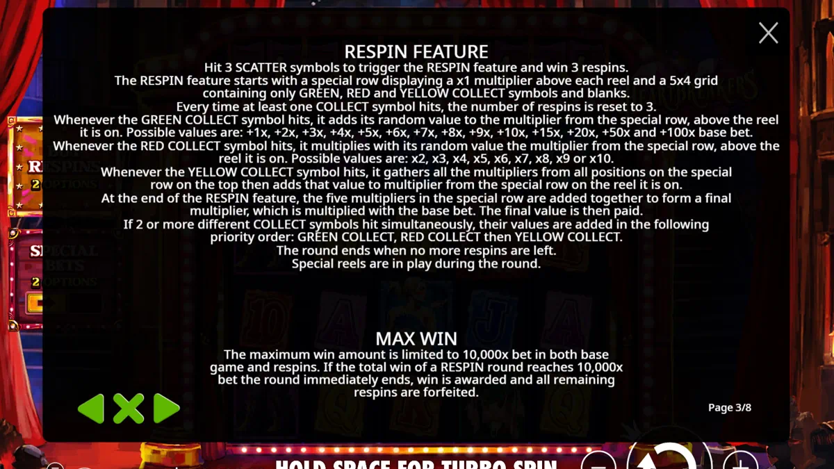 Heartbreakers Respin feature rules page showing the 5x4 grid filled with green, red and yellow collect lanterns during respins with multipliers building up on the special top row