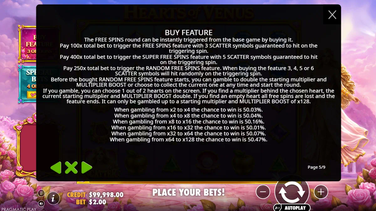 Hearts of Venus buy feature menu with three options