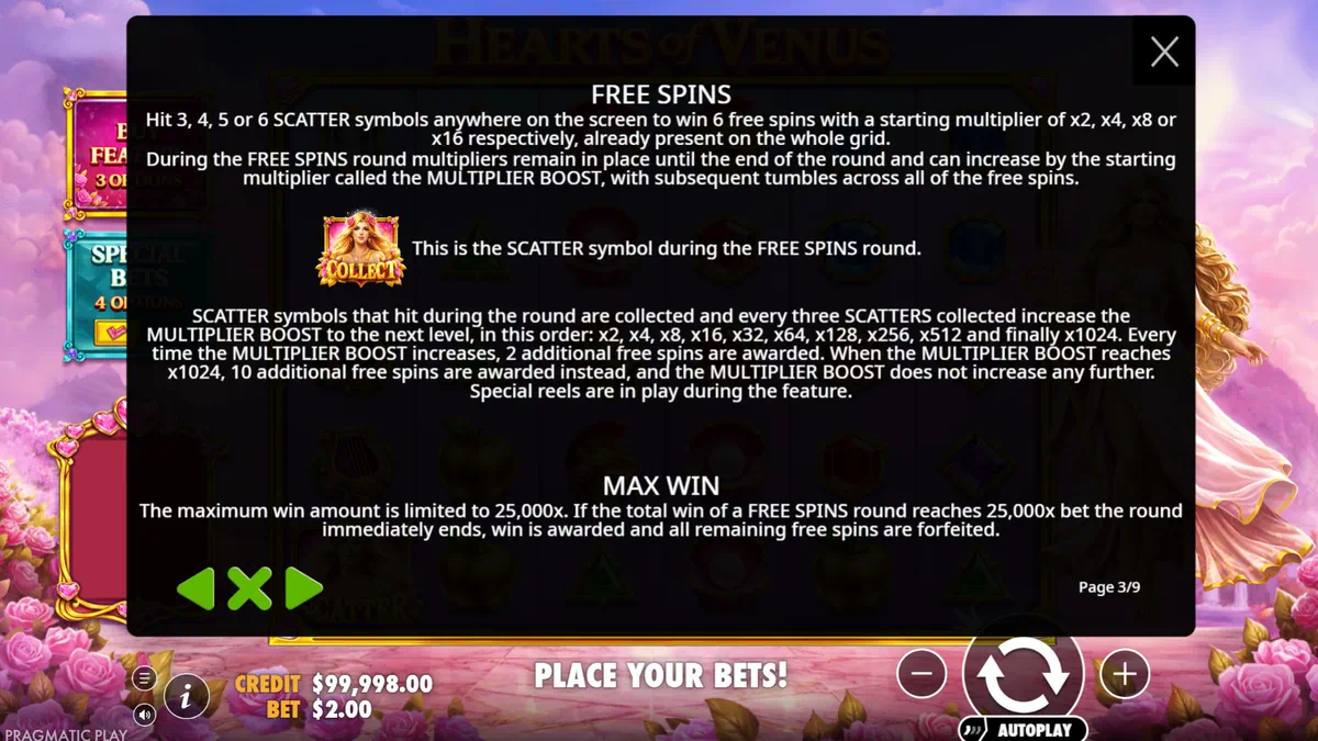 Hearts of Venus free spins with increasing multiplier spots on all positions