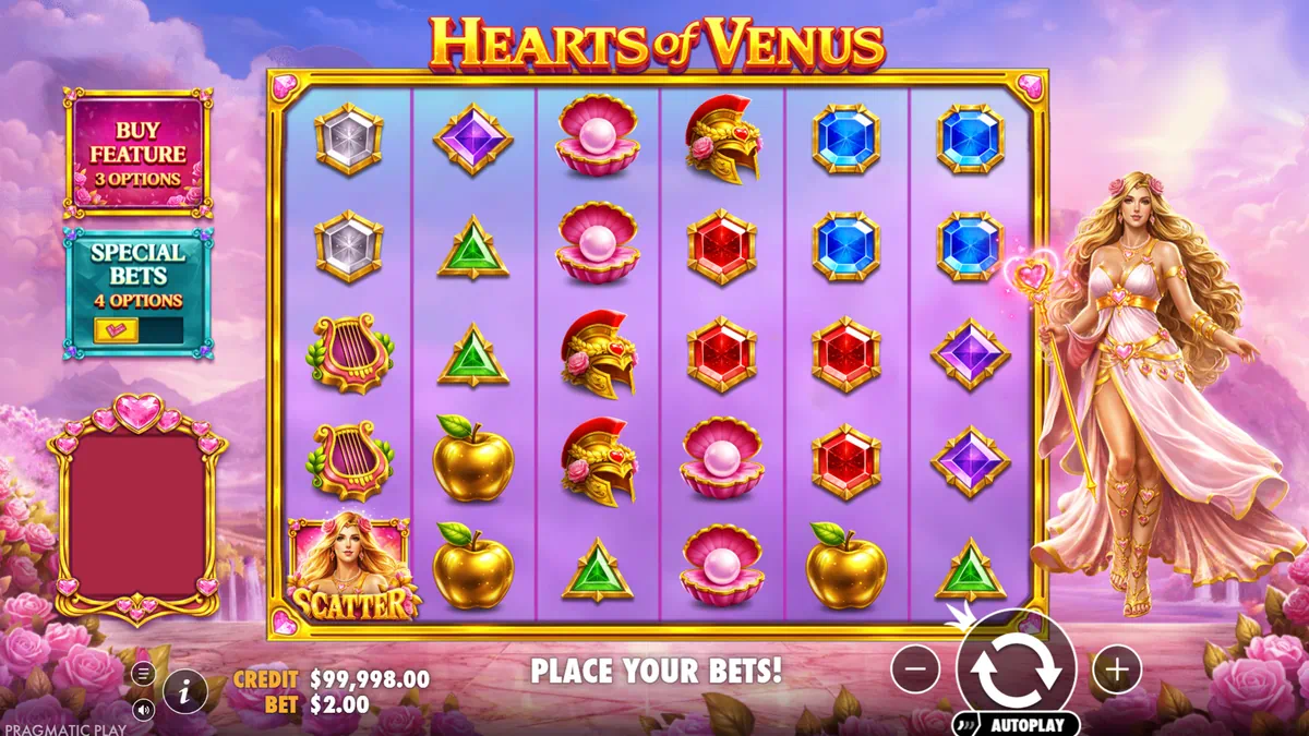 Hearts of Venus by Pragmatic Play - main game interface with 6x5 grid