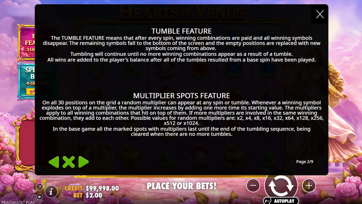 Hearts of Venus multiplier spots feature with heart multipliers up to x1024
