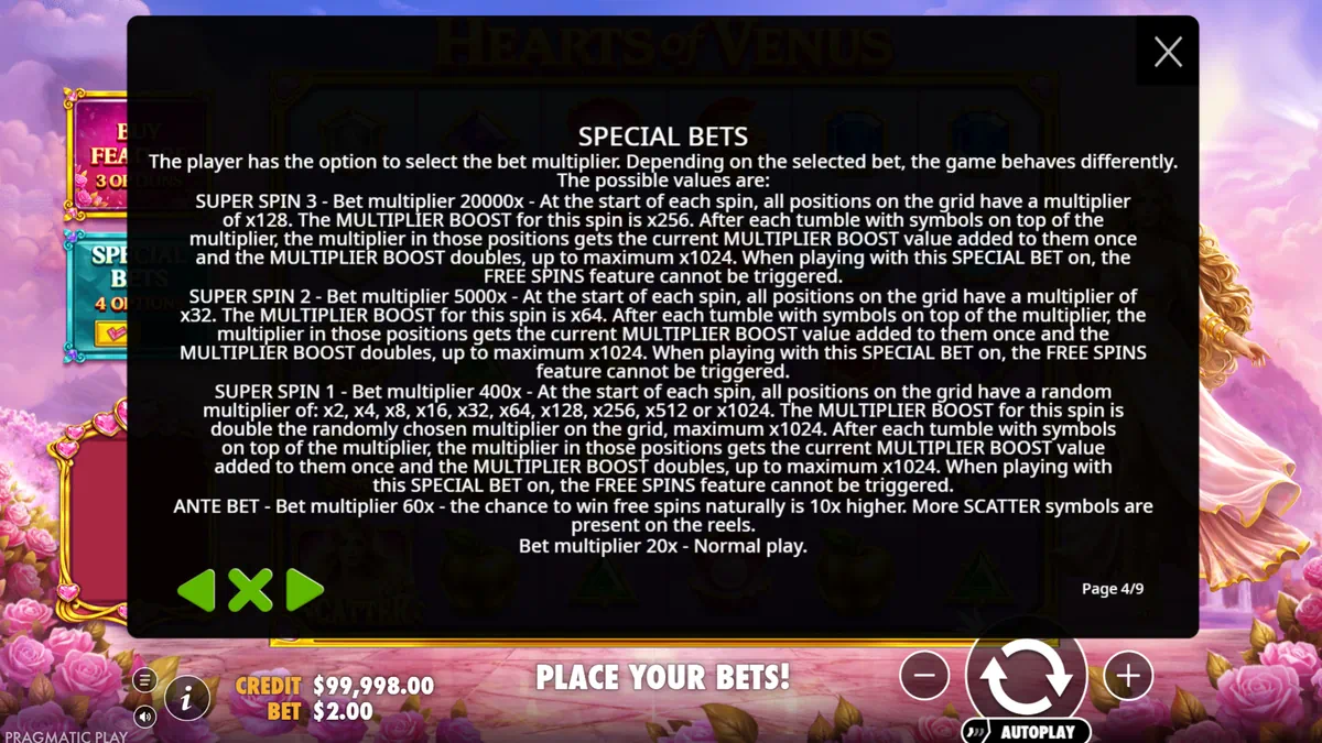 Hearts of Venus special bets menu with Ante Bet and three Super Spin options