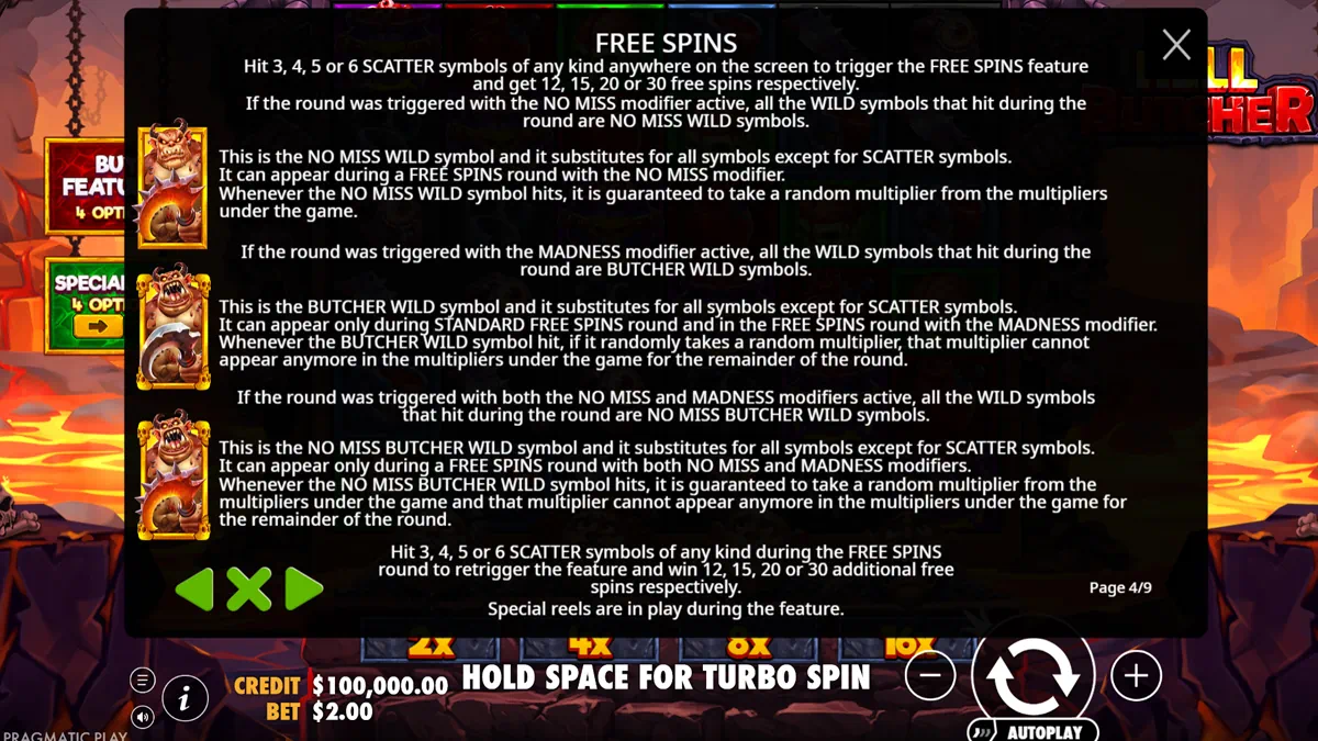 Hell Butcher free spins rules page showing the No Miss Wild, Butcher Wild and No Miss Butcher Wild symbols and how each modifier affects the wilds during free spins