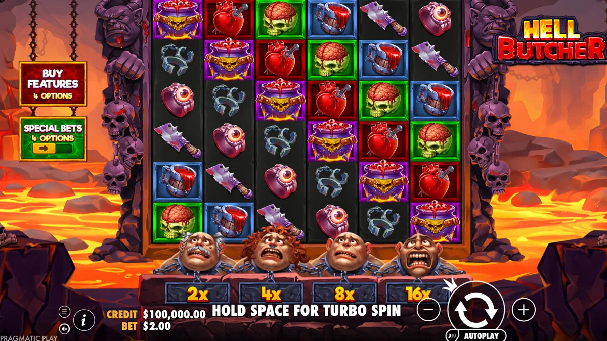 Hell Butcher by Pragmatic Play - main game interface showing 6x6 grid with gore-themed symbols, cauldron, heart, skull, cleaver and 2x 4x 8x 16x wild multipliers below the reels in a hellish lava background