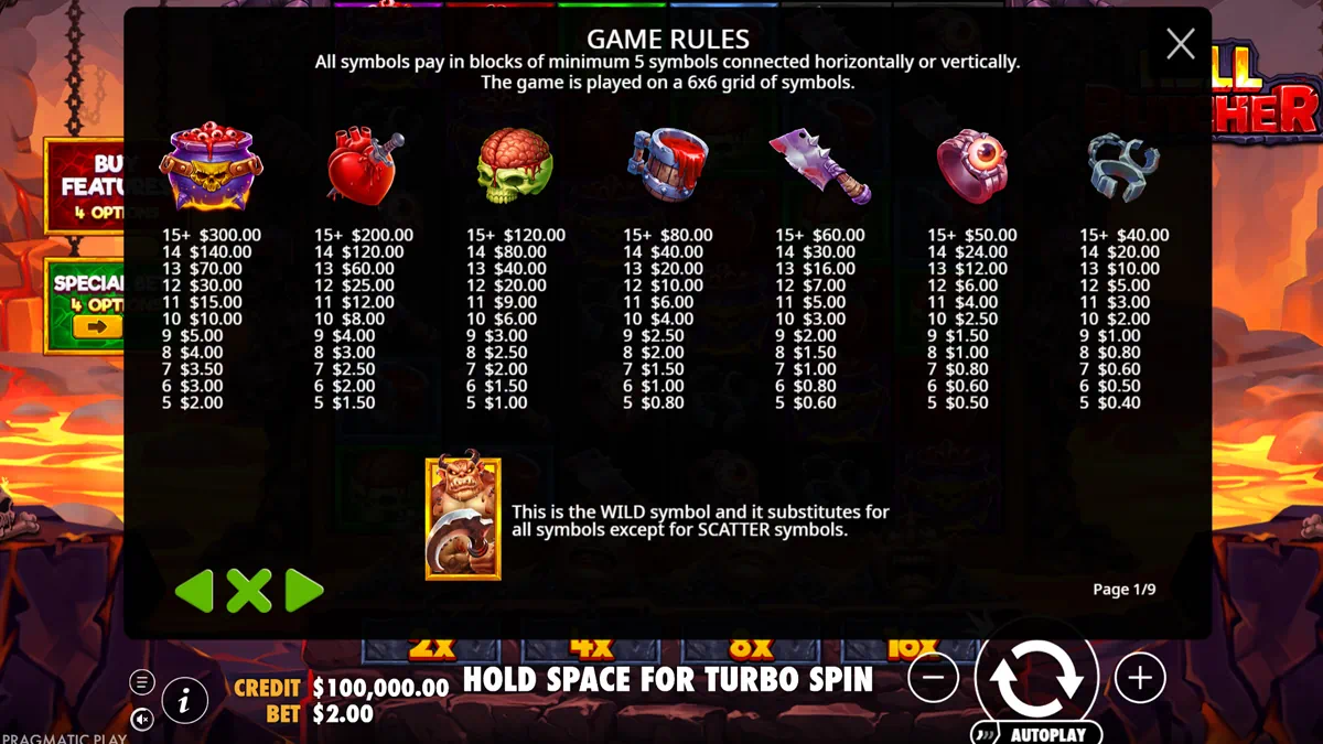 Hell Butcher paytable showing cauldron, dagger heart, green skull, blood bucket, cleaver, eye ring and shackles symbols with their payout values for 5 to 15+ symbol clusters, plus the butcher demon wild