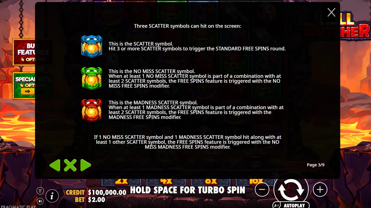 Hell Butcher scatter symbols rules page showing the blue standard scatter, green no miss scatter and red madness scatter and how they trigger different free spins modifiers