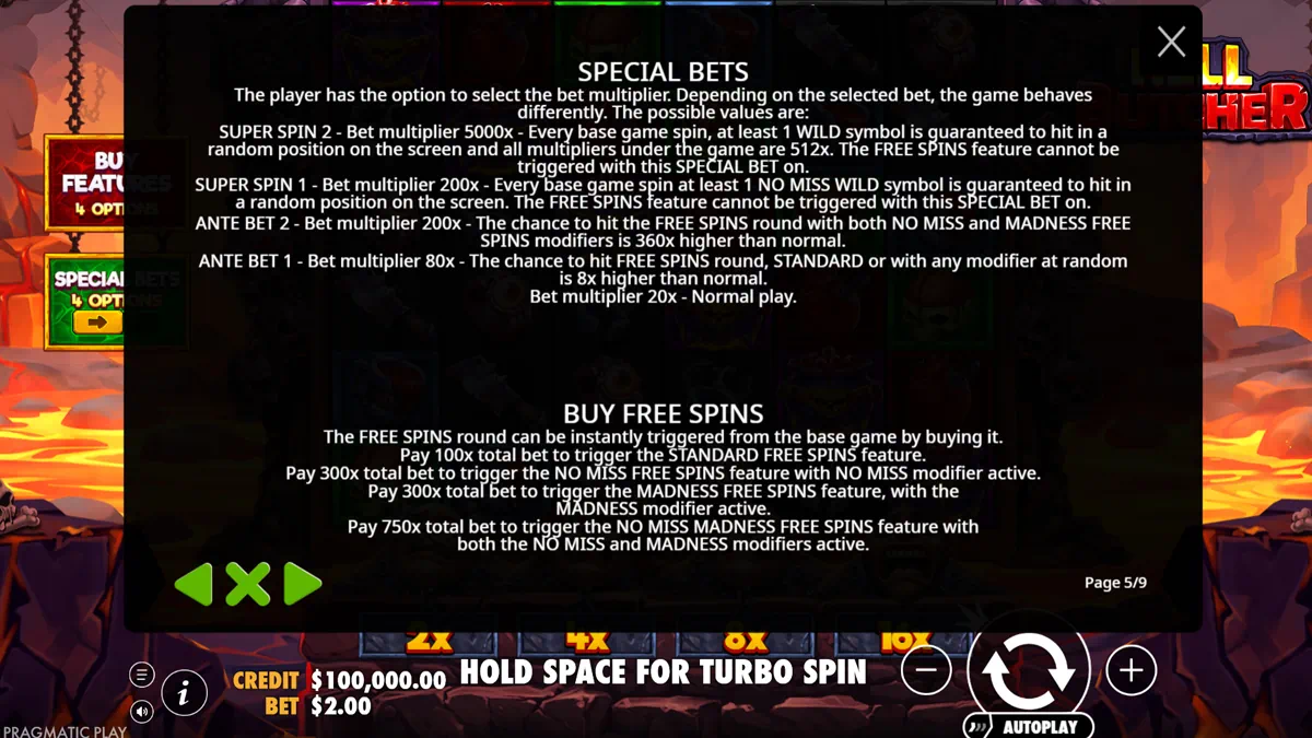 Hell Butcher special bets and buy free spins rules page showing Super Spin 1 and 2, Ante Bet 1 and 2, and the four buy free spins options at 100x, 300x and 750x total bet