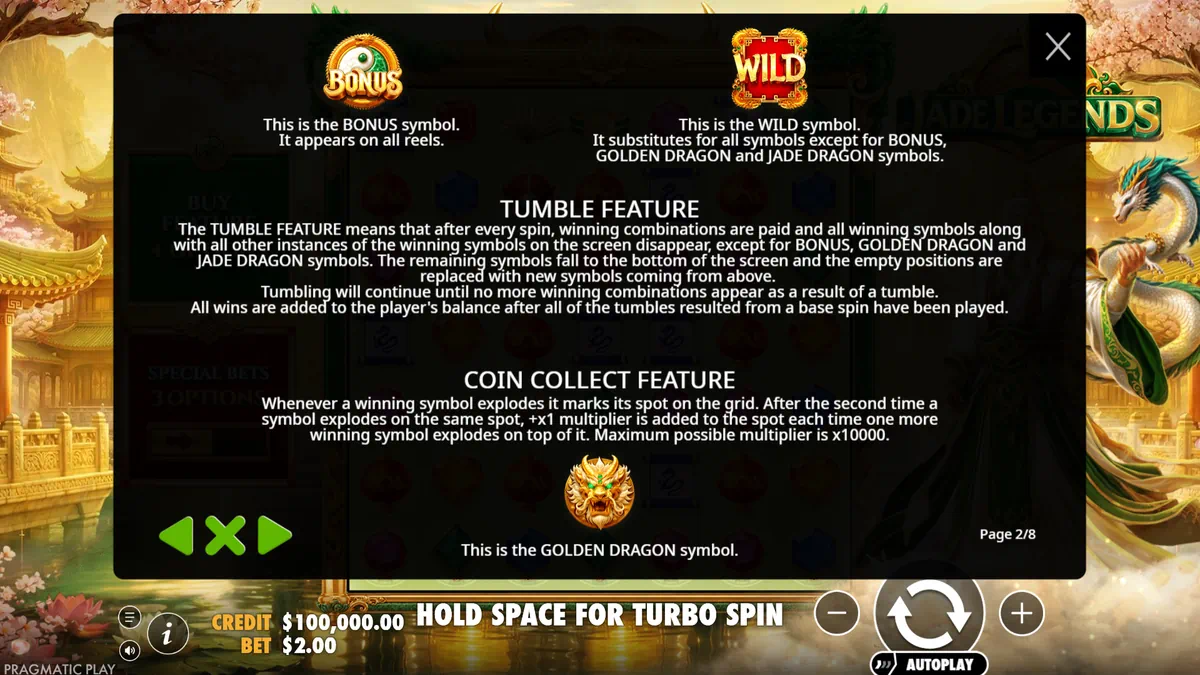 Jade Legends Tumble Feature and Coin Collect Feature rules