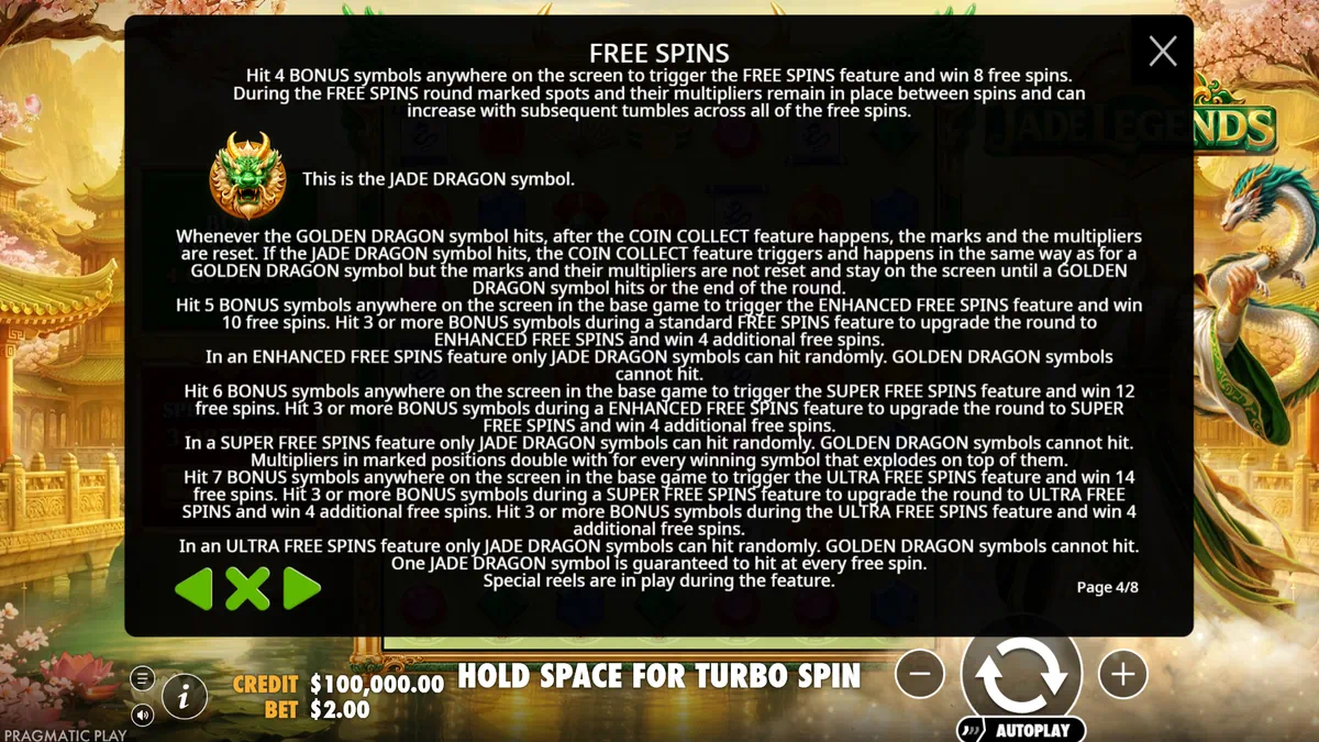 Jade Legends free spins tiers and Jade Dragon rules