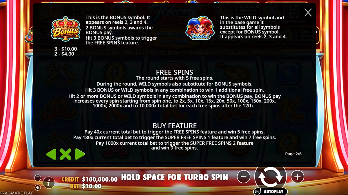 Joker's Revenge rules page showing Bonus and Wild symbol explanation, Free Spins feature with rising multiplier ladder and Buy Feature options