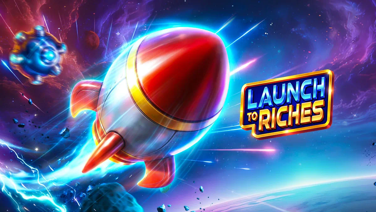 Launch to Riches – cosmic space background featuring rockets launching against a deep-purple nebula backdrop, glowing asteroid fields, distant spiral galaxies, and shimmering prize gems floating in orbit