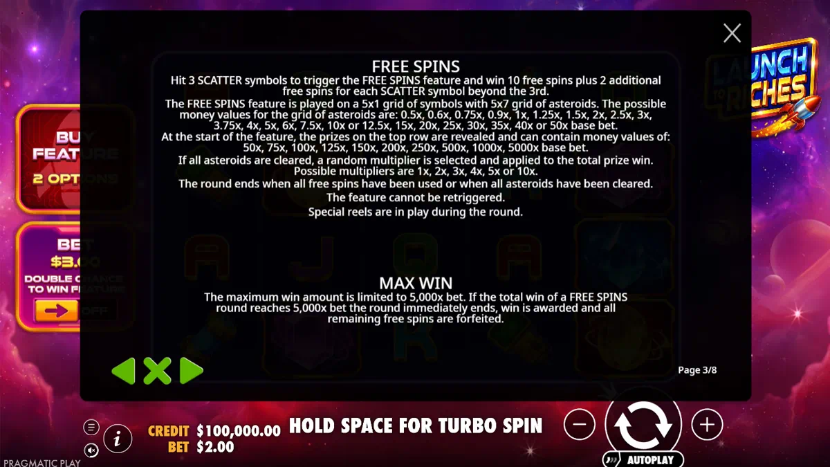 Launch to Riches Free Spins rules page showing the 5x1 reel grid with 5x7 asteroid grid layout, top-row premium prize values from 50x to 5000x base bet, all-clear multiplier options 1x to 10x, and Buy Super Free Spins description with regenerating asteroid grid mechanic
