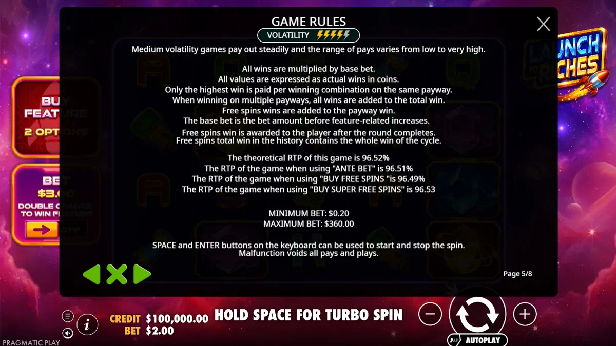 Launch to Riches game rules page 5 showing medium volatility indicator, theoretical RTP values: 96.52% base game, 96.51% Ante Bet, 96.49% Buy Free Spins, 96.53% Buy Super Free Spins — minimum bet $0.20 and maximum bet $360.00