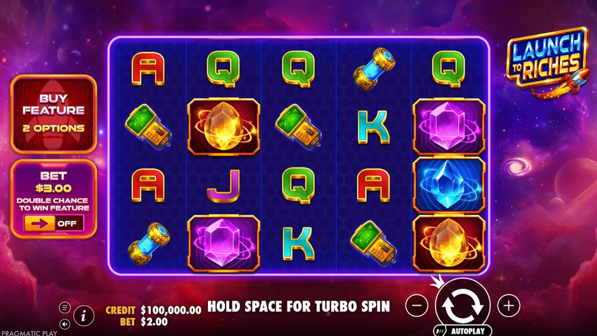 Launch to Riches by Pragmatic Play – main game interface showing the 5x4 reel grid with space-themed premium symbols including orange gem, purple gem, blue gem, telescope and scanner, plus the Buy Feature and Ante Bet panel on the left side