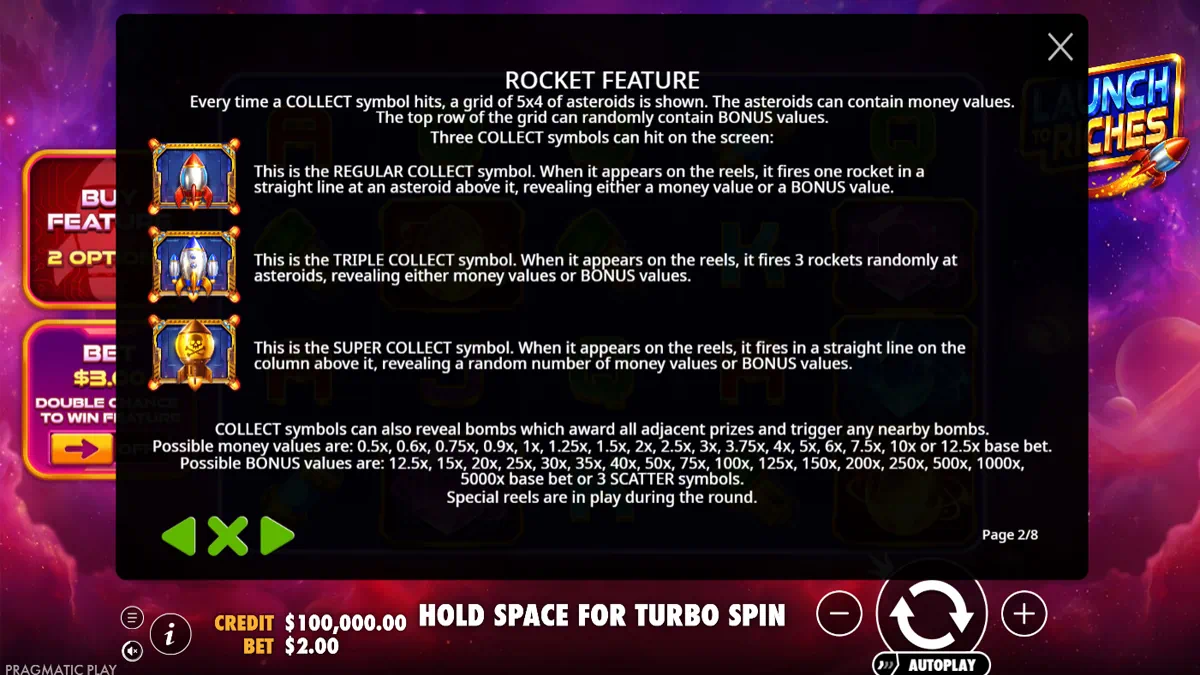 Launch to Riches Rocket Feature rules page showing the three COLLECT symbol types — Regular COLLECT firing one rocket, Triple COLLECT firing 3 rockets, Super COLLECT firing an entire column — plus Bomb asteroid mechanic explanation and full money and BONUS value prize ranges