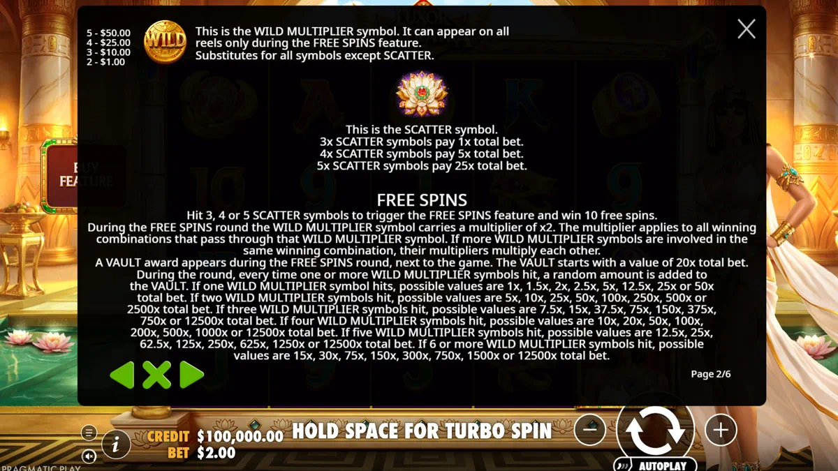 Luxor of Cleopatra free spins rules page showing Wild Multiplier symbol, Lotus Scatter, free spins feature explanation and the VAULT multiplier award table
