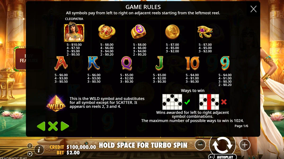 Luxor of Cleopatra paytable showing Cleopatra, scarab, ankh ring, Cleopatra coin, Eye of Horus and card royals A K Q J 10 9 with their respective payout values and the Pyramid Wild symbol