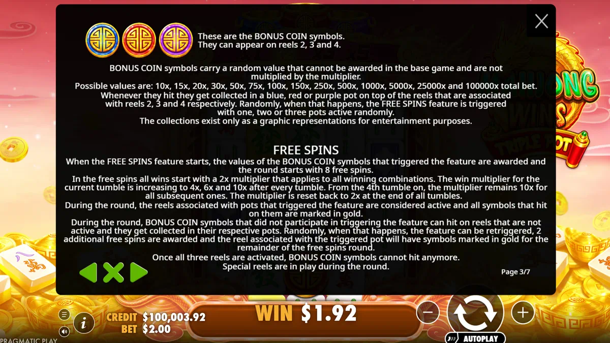 Mahjong Wins Triple Pot bonus coin symbols and free spins rules showing blue red purple coins with values from 10x to 100000x total bet and the free spins feature explanation
