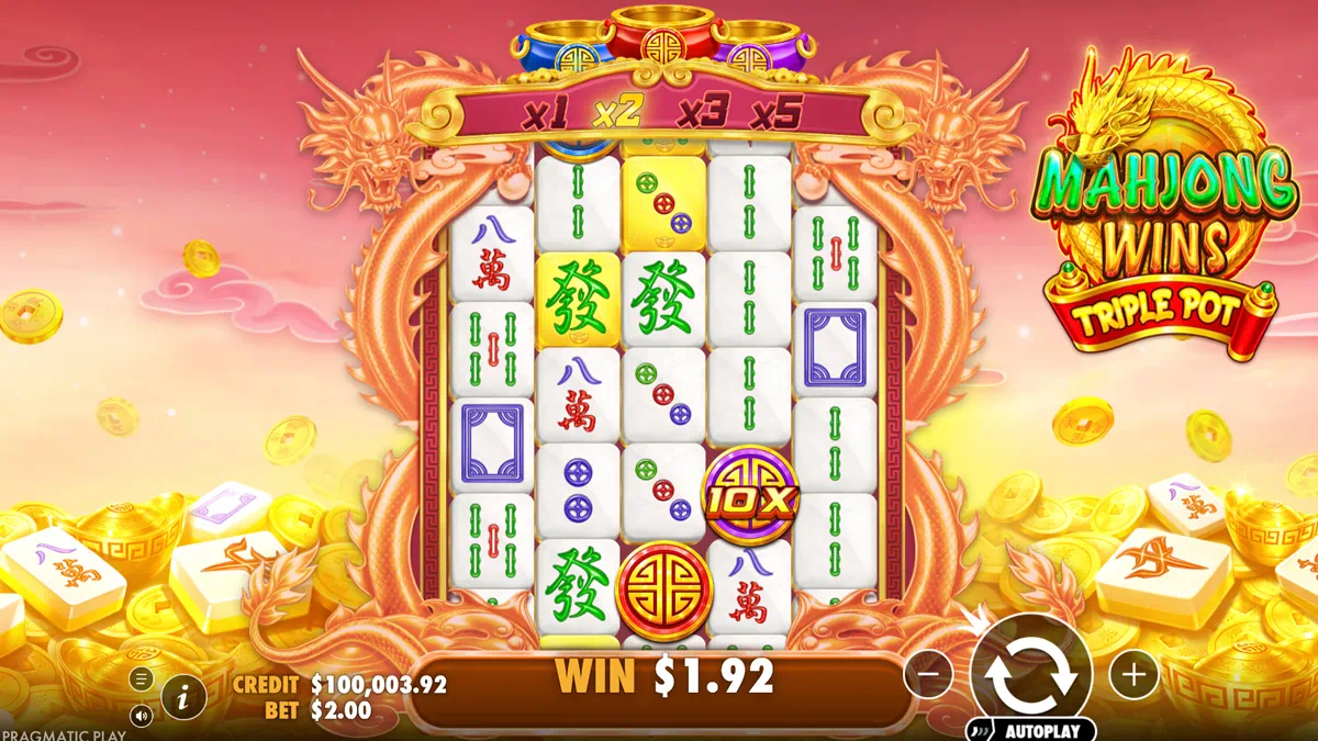 Mahjong Wins Triple Pot by Pragmatic Play - main game interface showing mahjong tile grid, three coloured pots, multiplier ladder x1 x2 x3 x5, gold dragons and WILD ingot symbol