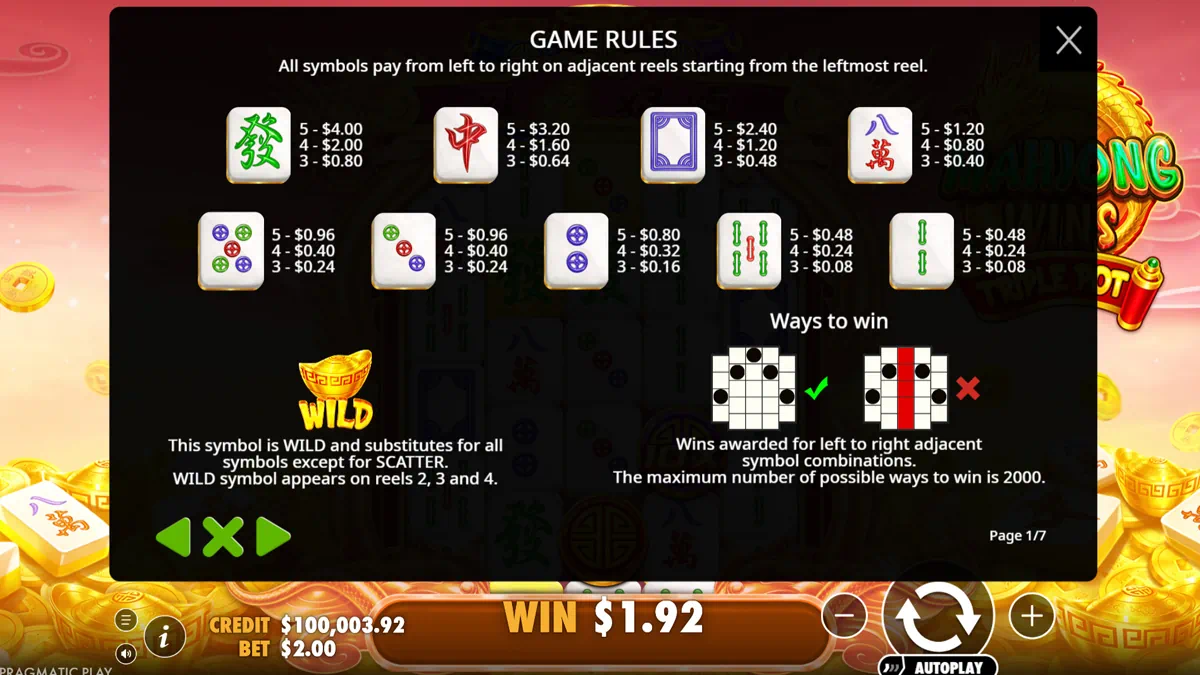 Mahjong Wins Triple Pot paytable showing green Fa tile, red Zhong tile, blue card back, eight wan, circle dot tiles, bamboo tiles and WILD gold ingot with payout values
