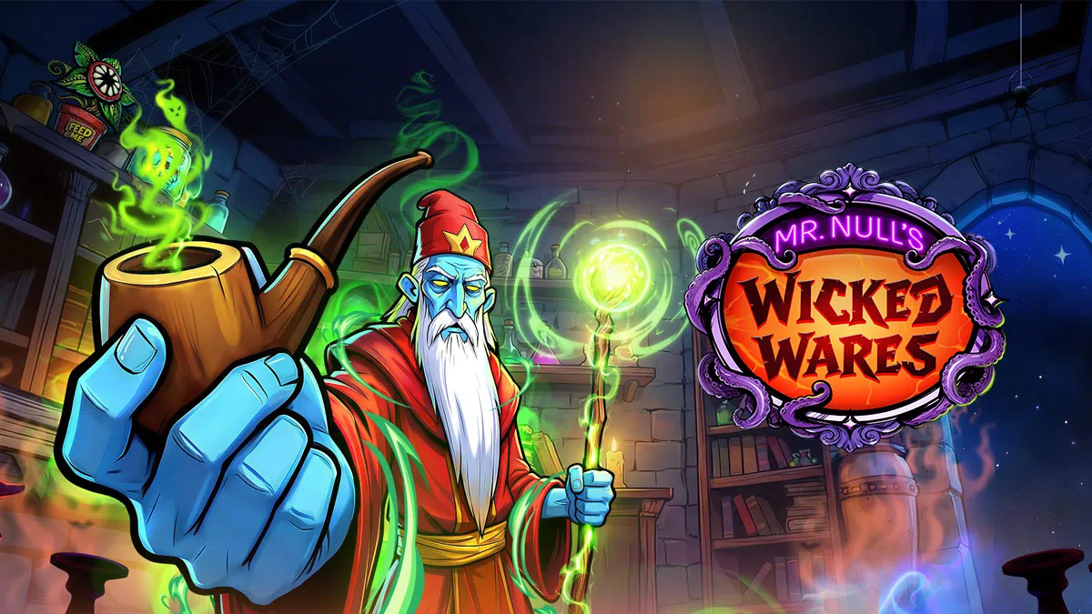 Mr. Null's Wicked Wares – atmospheric background showing the dark sorcerer's workshop with skull jars, candles, potions, and cursed artefacts on the shelves