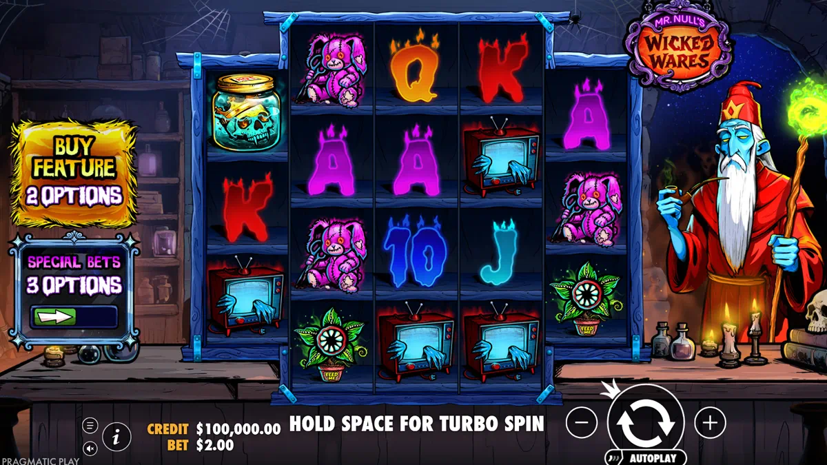 Mr. Null's Wicked Wares by Pragmatic Play – main game interface showing the 5x4 reel grid inside a dark occult shop with the wizard character and Buy Feature panel
