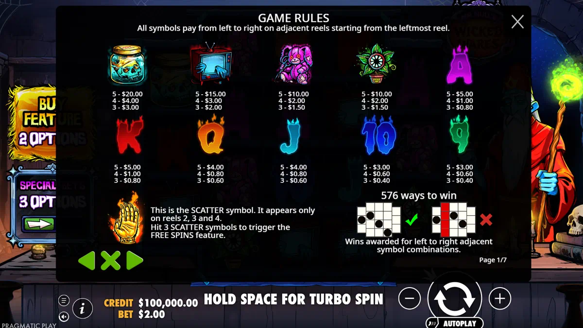 Mr. Null's Wicked Wares paytable showing all symbol values: Skull Jar, Haunted TV, Creepy Bear, Eye Plant, A, K, Q, J, 10 and 9 card symbols with payout amounts