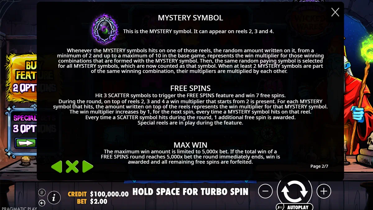 Mr. Null's Wicked Wares Special Bets and Buy Feature screen showing Ante Bet, Super Spin 1, Super Spin 2, Buy Free Spins, and Buy Super Free Spins options with cost multipliers