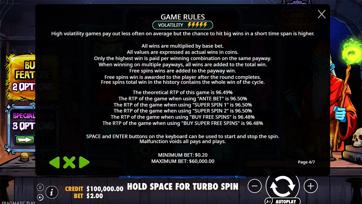 Mr. Null's Wicked Wares game rules page 4 showing maximum volatility rating, RTP values for all play modes, minimum and maximum bet, and general rules