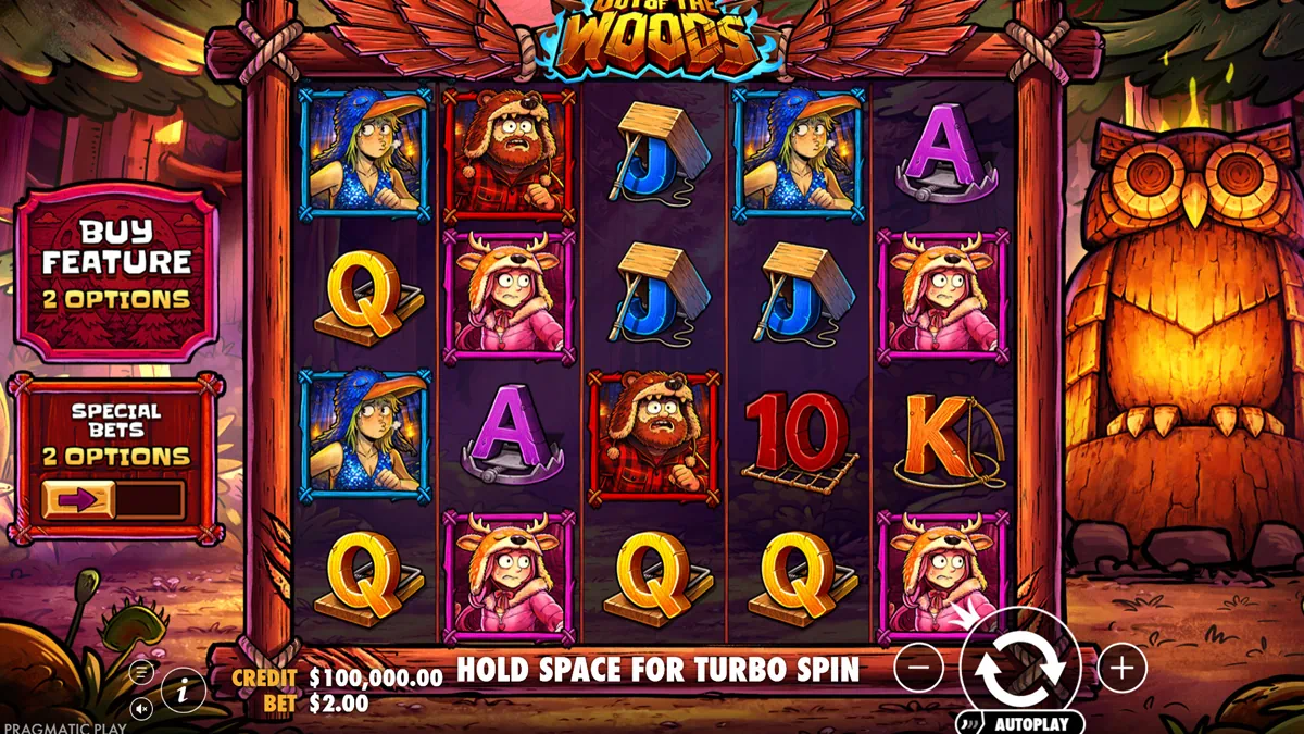 Out of the Woods by Pragmatic Play - main game interface showing 5x4 reel grid with costumed camper characters, card royals, wooden owl totem and moonlit forest background
