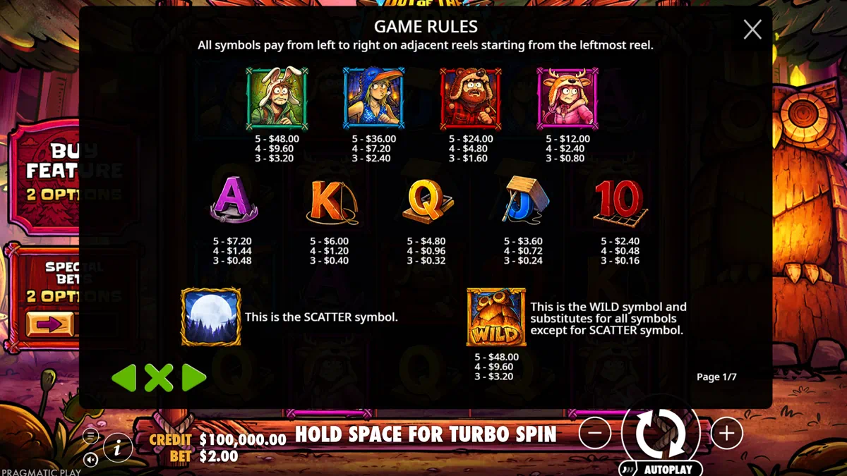 Out of the Woods paytable showing rabbit-hood camper, bird-cap woman, bear-hood man, deer-hood woman premium symbols and A K Q J 10 card royals with payout values