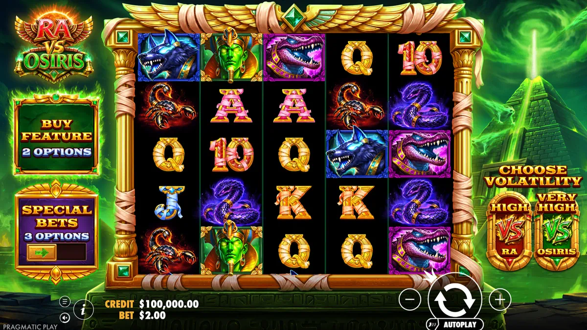 Ra vs Osiris base game 5x4 grid in Osiris mode with Choose Volatility panel