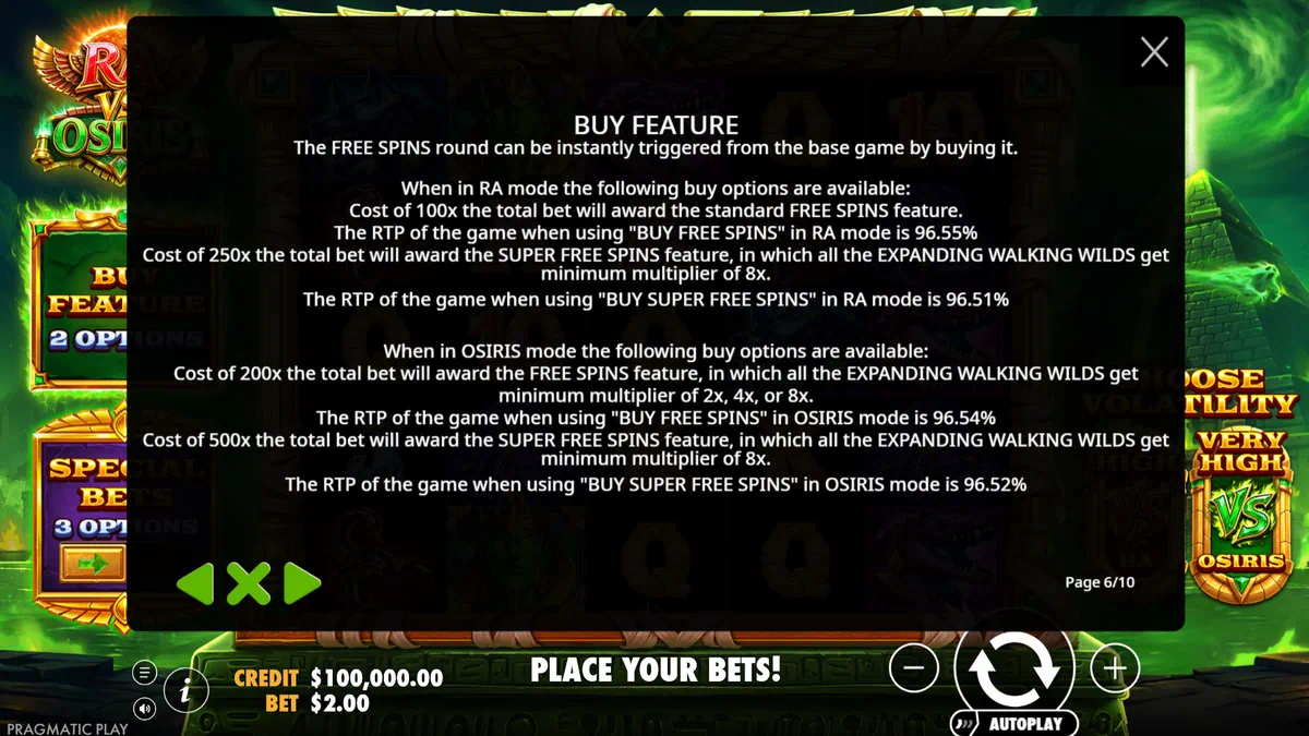 Ra vs Osiris Buy Feature menu showing Free Spins and Super Free Spins options
