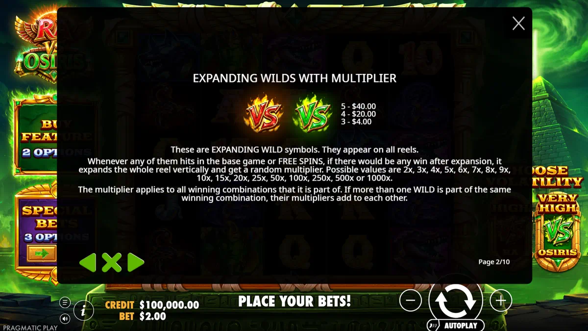 Ra vs Osiris expanding wilds with multiplier rules screen
