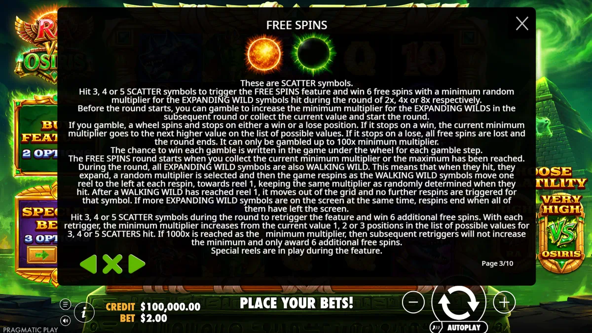 Ra vs Osiris free spins rules with scatter symbols and gamble wheel explanation