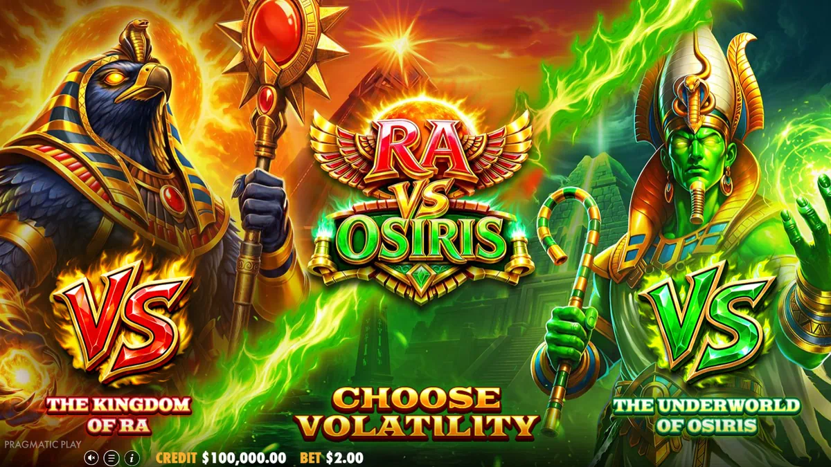 Ra vs Osiris by Pragmatic Play - intro screen with Kingdom of Ra and Underworld of Osiris volatility choice