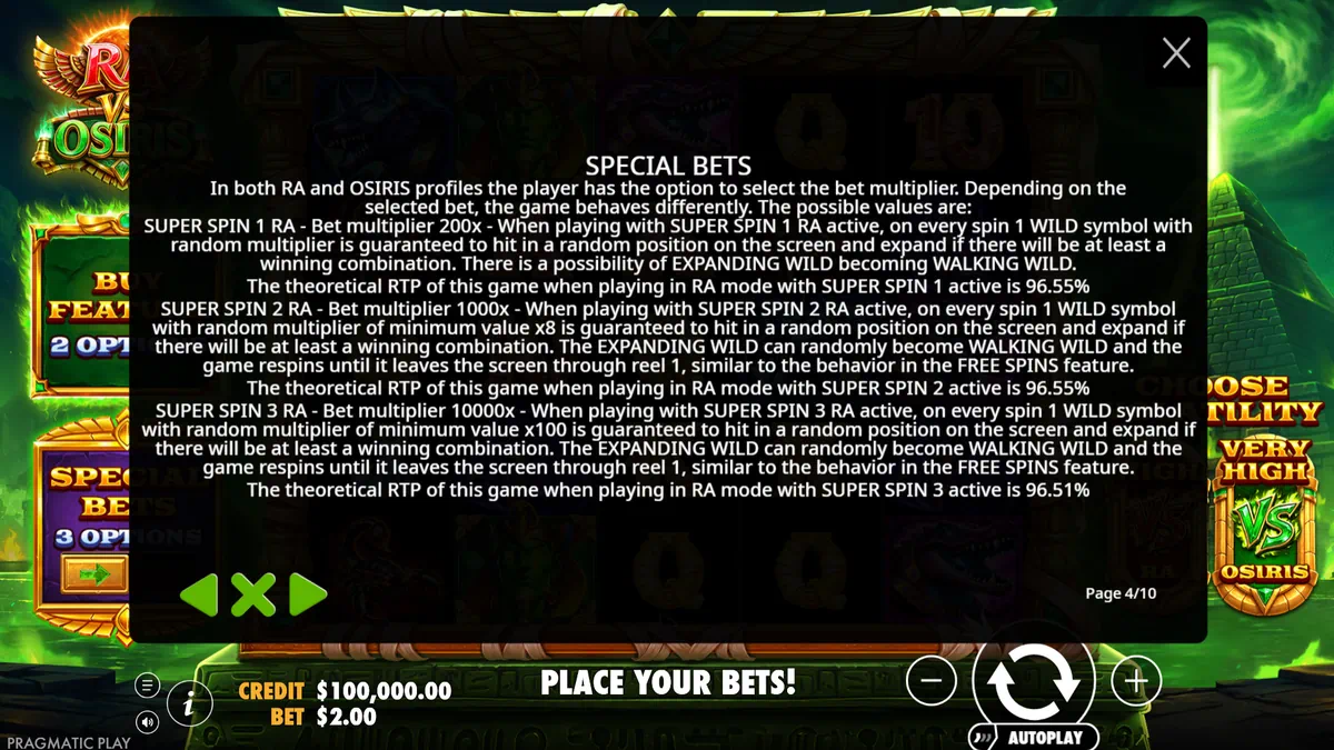 Ra vs Osiris Select a Special Bet menu with Super Spin 1, 2 and 3