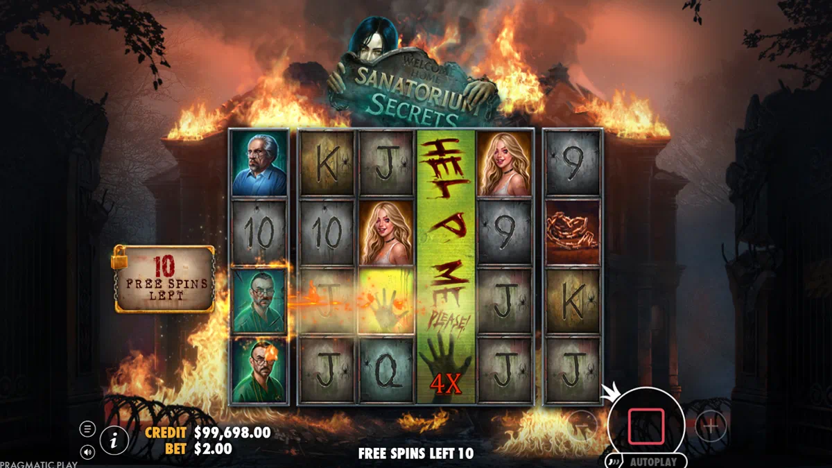 Sanatorium Secrets free spins gameplay showing 1x4 wild symbol with 4x multiplier, burning asylum background, and 10 free spins counter