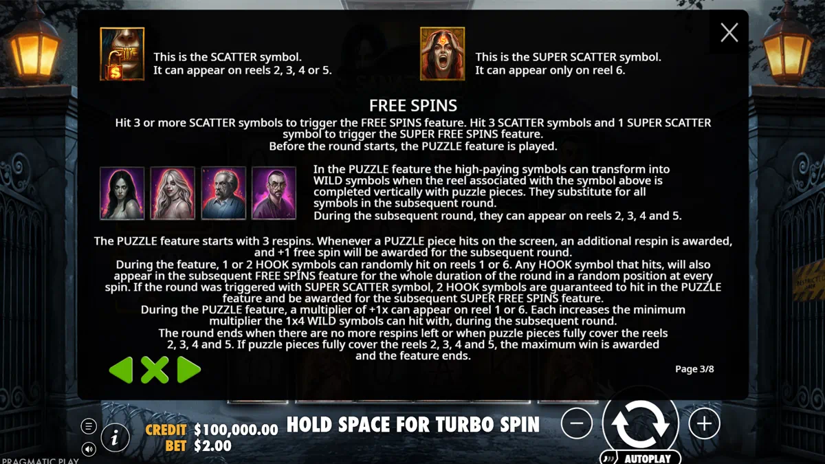 Sanatorium Secrets free spins feature page showing Scatter and Super Scatter symbols, Puzzle feature explanation with character transformation into wild symbols