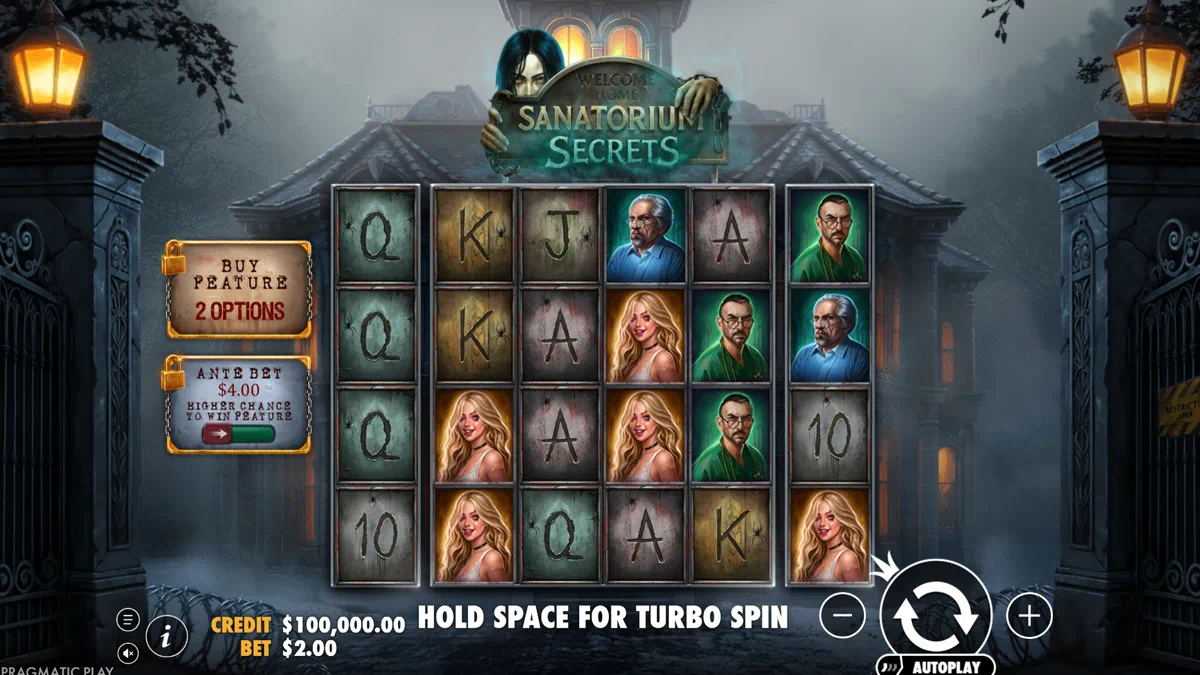 Sanatorium Secrets by Pragmatic Play - main game interface showing 6x4 reel grid with horror-themed symbols, abandoned asylum background, iron gates and Buy Feature panel
