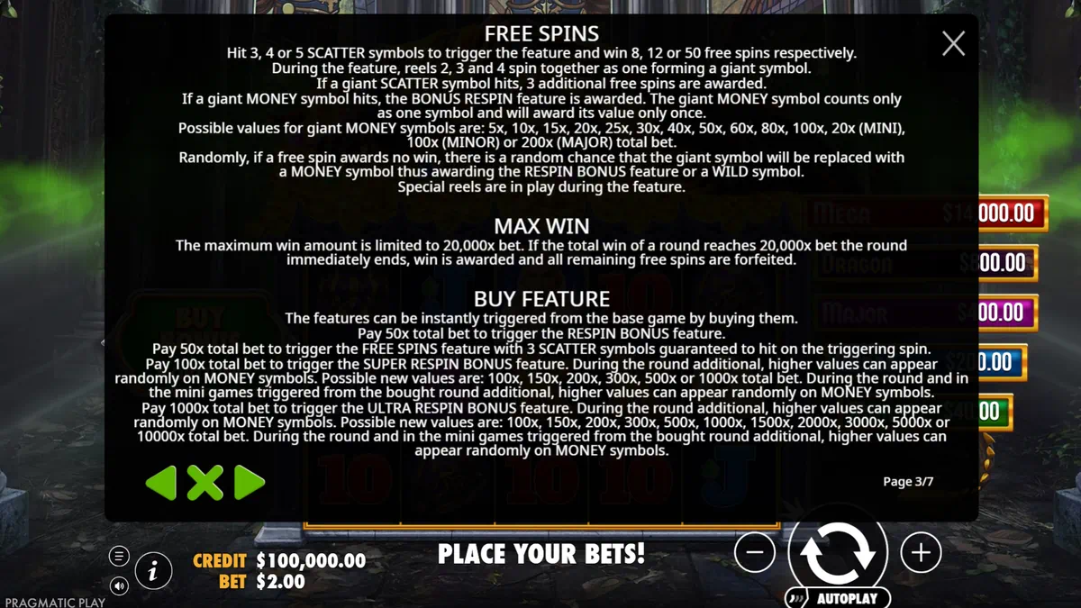 Sleeping Dragon Ultra Dark Buy Bonus menu with four options