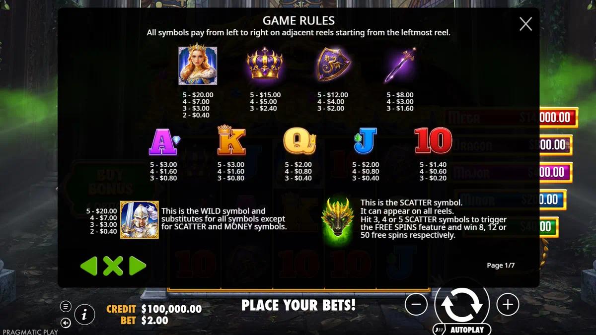 Sleeping Dragon Ultra Dark paytable and symbol values