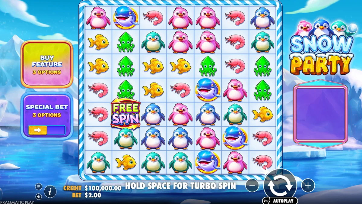 Snow Party - Main game interface showing the reels and betting options