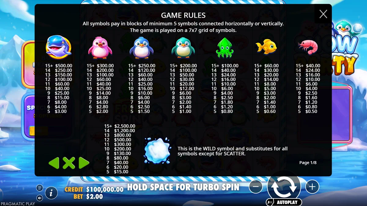 Snow Party - Symbols and paytable explaining the payout values
