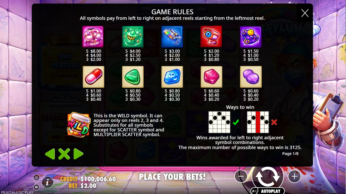 Sunnydaze Asylum paytable and symbol values