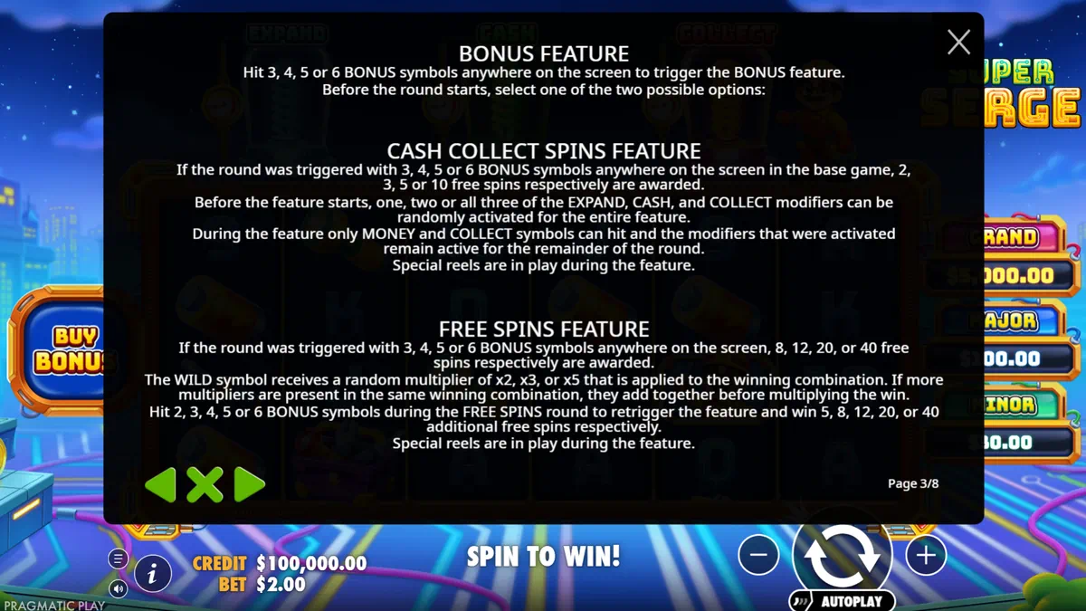 Super Serge Buy Bonus menu with 4, 5 and 6 bonus symbol options