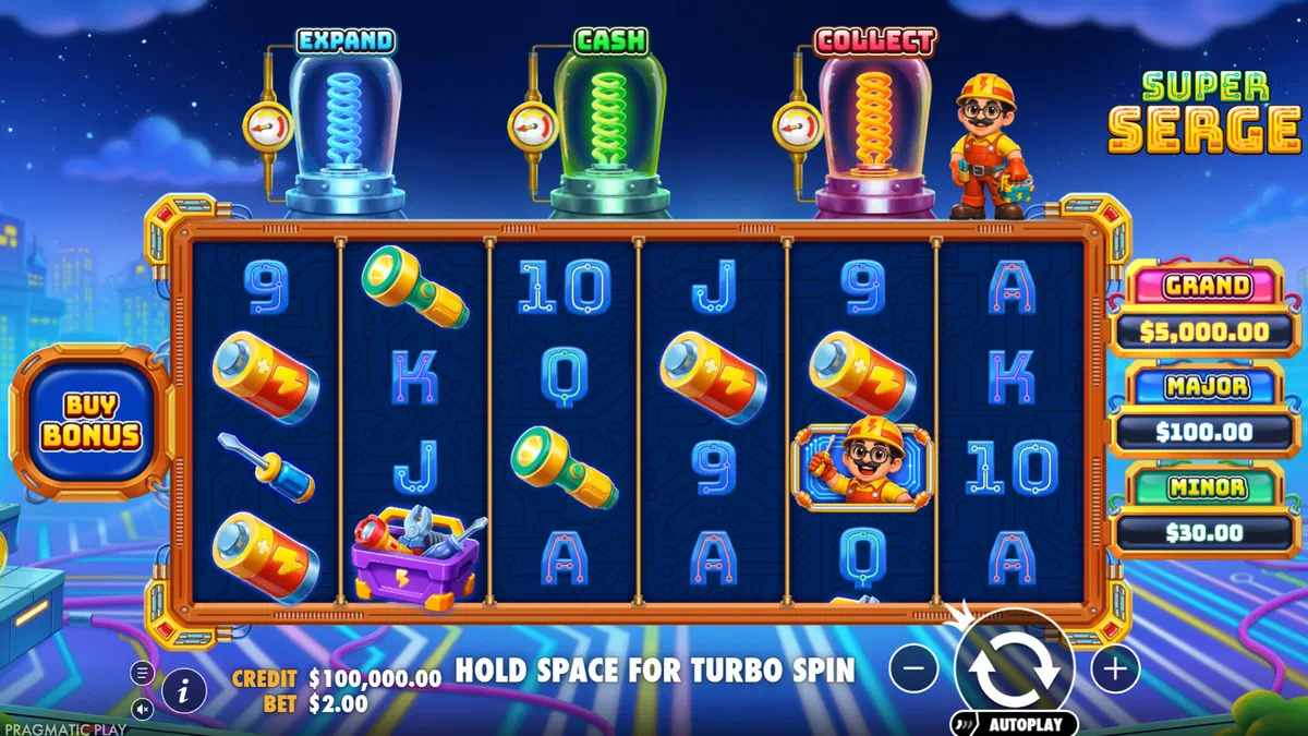 Super Serge by Pragmatic Play - main game interface with 6x4 reels and EXPAND, CASH, COLLECT modifier meters
