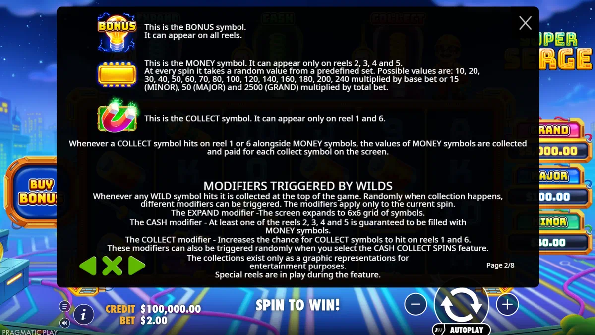 Super Serge BONUS, MONEY and COLLECT symbol rules plus modifiers triggered by wilds