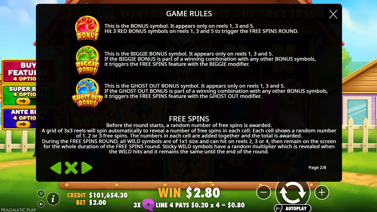 The Big Dog House bonus symbols rules page showing Red Paw Bonus, Biggie Bonus, Ghost Out Bonus and Free Spins feature explanation with 3x3 grid for awarding free spins